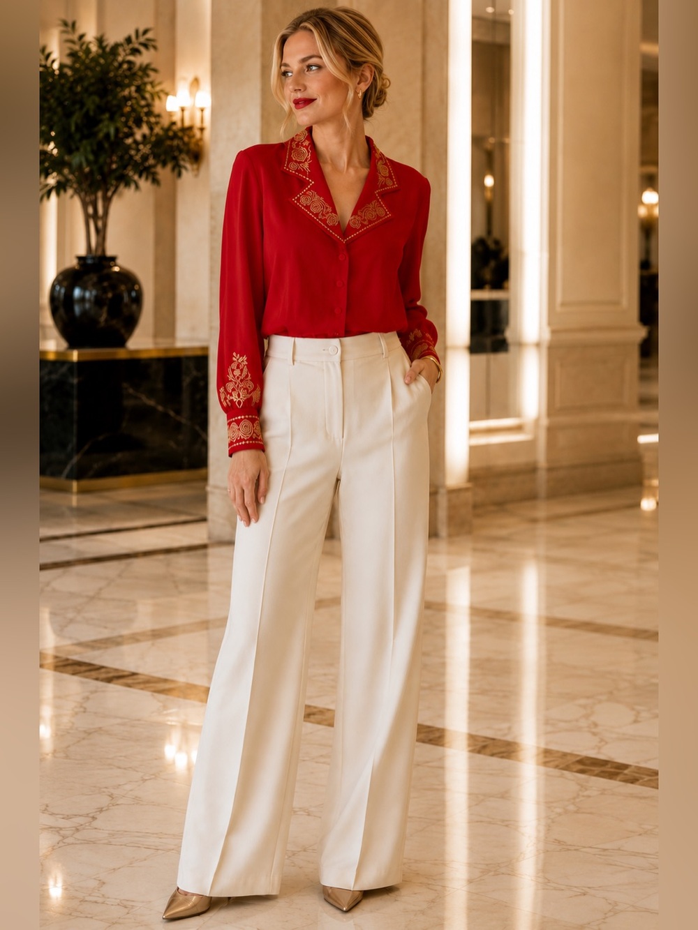 Vintage 100% Silk Diane Von Furstenberg Red Gold Embroidered Button Front Blouse - Picture 2 of 14